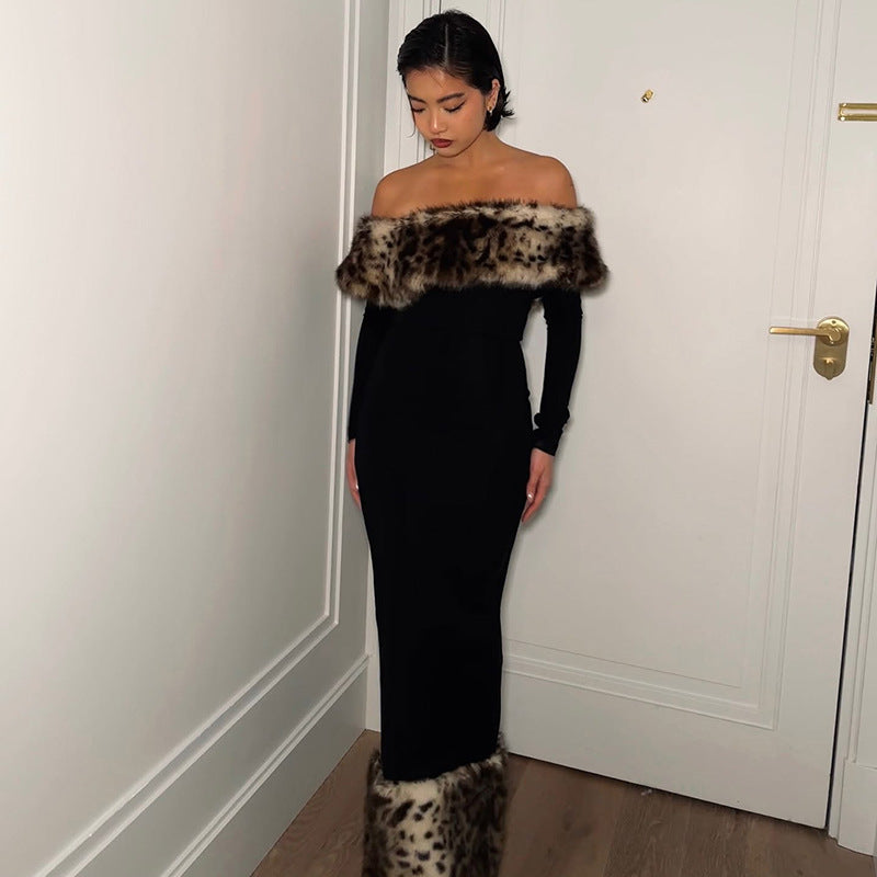 Elegant Leopard Print Fur Stitching off Shoulder Dress