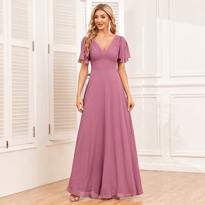 Elegant Double V neck Short Sleeve Shiny Bright Formal Dress A line Fully Lined Chiffon Dress
