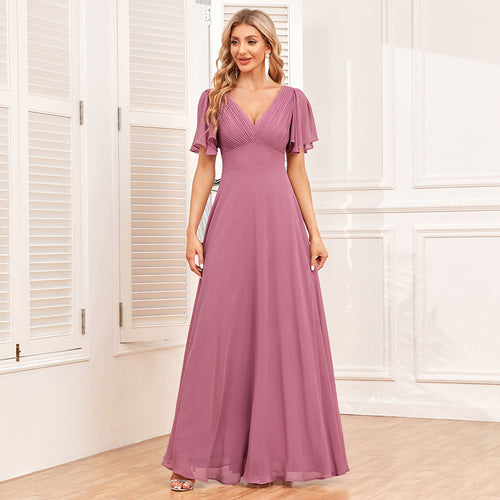 Elegant Double V neck Short Sleeve Shiny Bright Formal Dress A line Fully Lined Chiffon Dress
