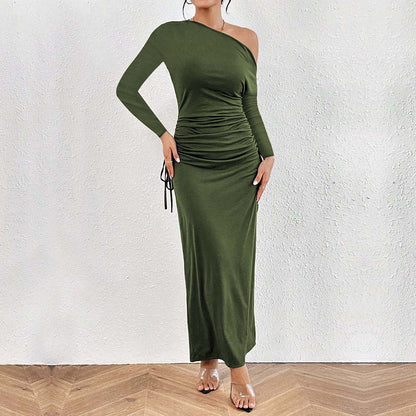 French Diagonal Collar  Unique Design High Waist Dress