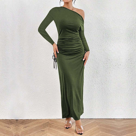 French Diagonal Collar  Unique Design High Waist Dress