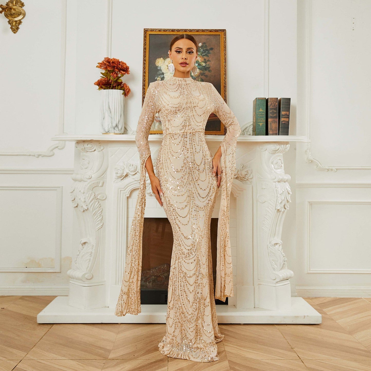High End Long Sequined Long Sleeve Round Neck Cocktail Evening Dress Bridesmaid Dress