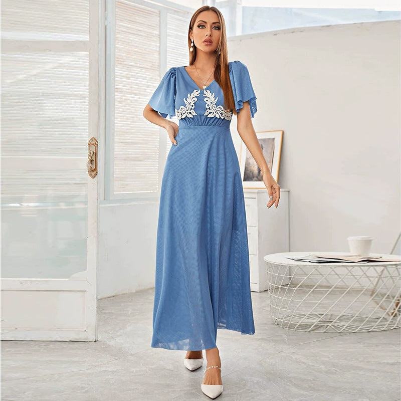 Elegant V neck Stitching Lace Sleeve Dress