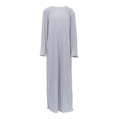 Dress Pleated round Neck Long Sleeve Solid Color Loose Maxi Dress Slimming Casual
