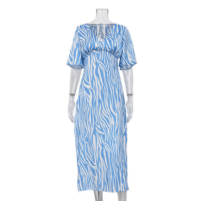 Dress Short Sleeve Satin Drooping Slimming Backless Printed Maxi Dress