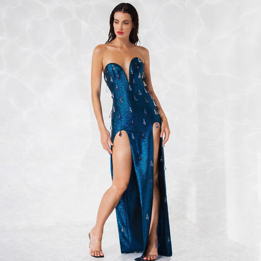Hollow Out Cutout out Bronzing Tube Top Rhinestone Slim Fit Sheath Fitted Waist Maxi Dress