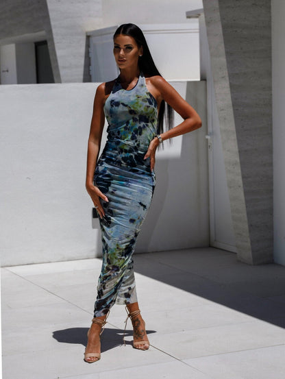 Elegant U Neck Printed Halter Maxi Dress