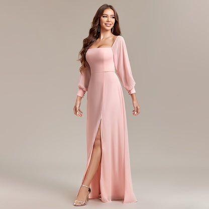Multiple Wear Elegant Tube Top Elastic Long Sleeve Back Zipper High Slit Formal Dress A line Chiffon Dress