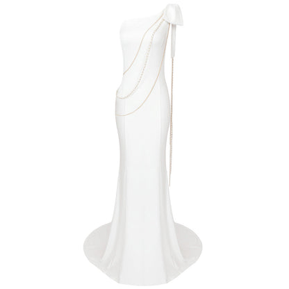 Fall White Diagonal Collar Chain Shoulder Bow Dress Cocktail Formal Dress