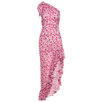 French Small Floral Oblique Shoulder Dress Side Split Tied Dress