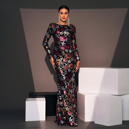 Evening Dress Long Sleeve Crew Neck Slim Long Sequined Cocktail Bridesmaid Dress
