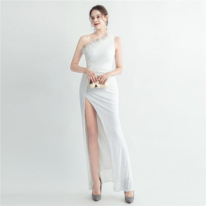 HNailed Ostrich Feather Off Shoulder Roman Collar High End Sequined Evening Dress