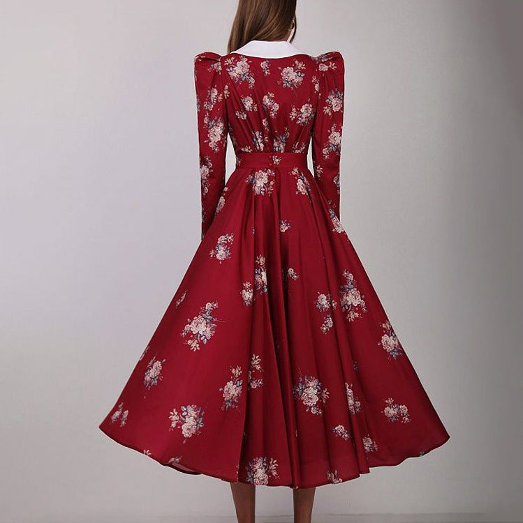 Early Retro Printed Large Swing Dress Waist Controlled Slim Fit Maxi Dress