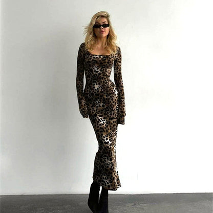Leopard Print Basic Square Collar Long Sleeve SocialiteElegant Sheath Dress