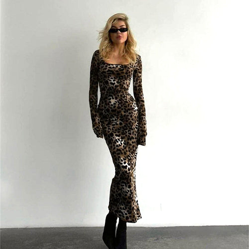 Leopard Print Basic Square Collar Long Sleeve SocialiteElegant Sheath Dress
