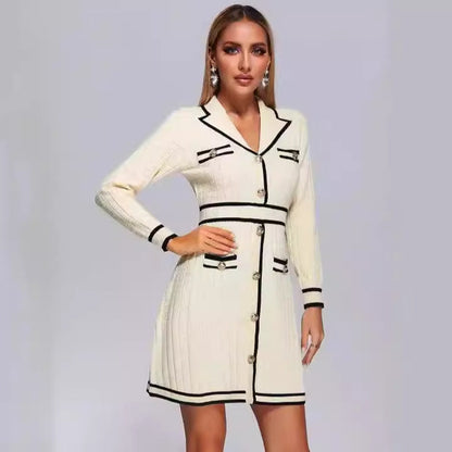 Long Sleeve Collared Knitted Classic Dress Button Contrast Color Slim Fit Short for