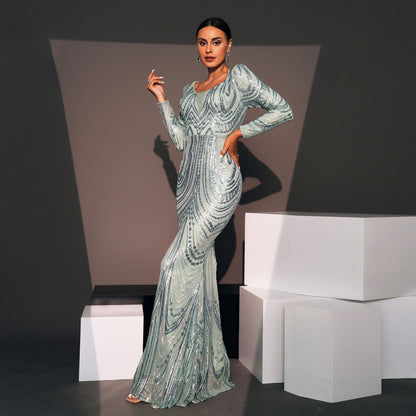 Long Sleeved Elegant V-neck Slim Fit Long Sequined Cocktail Evening Dress Bridesmaid