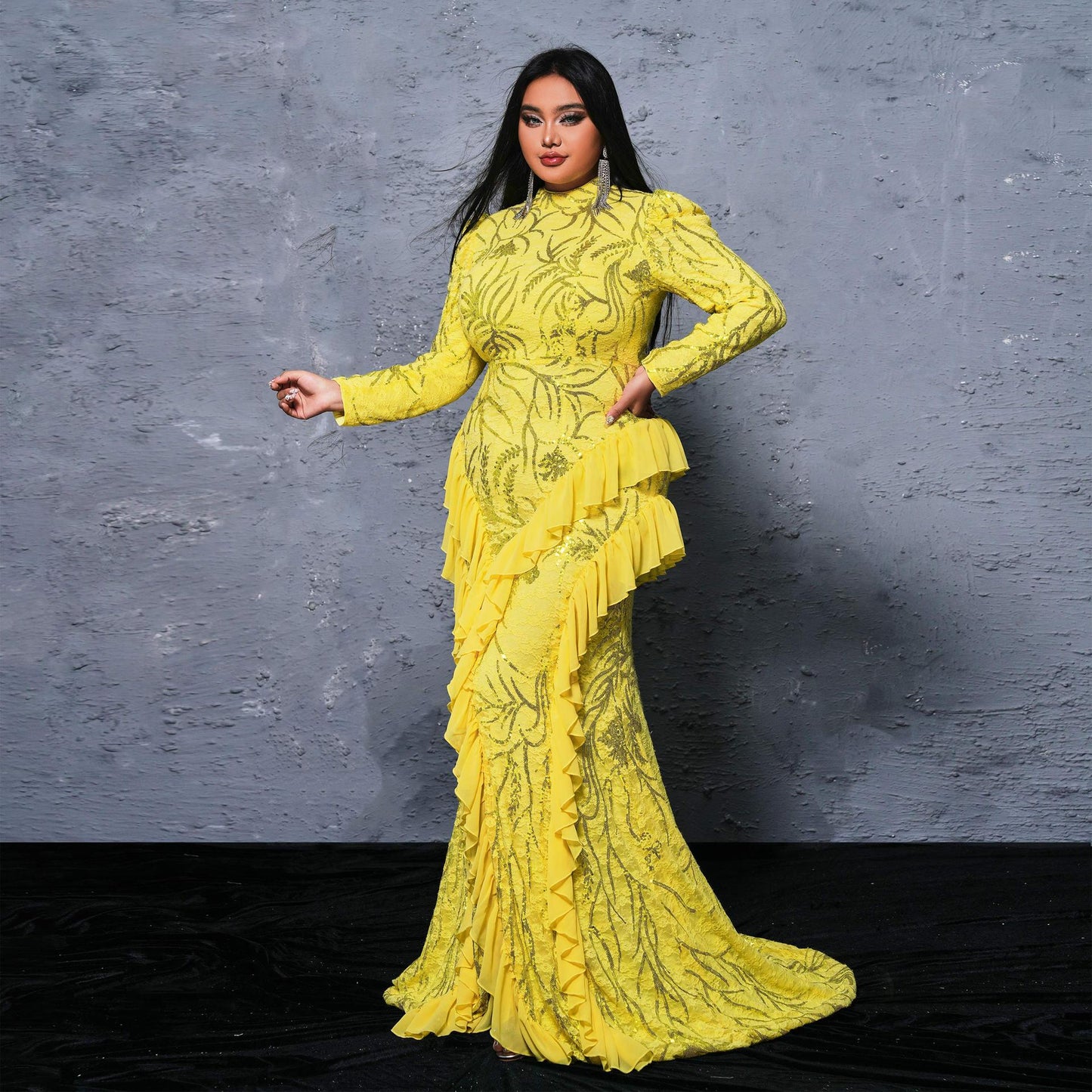 Long Long Sleeve round Neck Cocktail Sequined Fishtail Evening Dress Dress