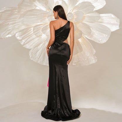 High End Sleeveless Elegant One Shoulder Diagonal Collar Long Cocktail Evening Dress Bridesmaid