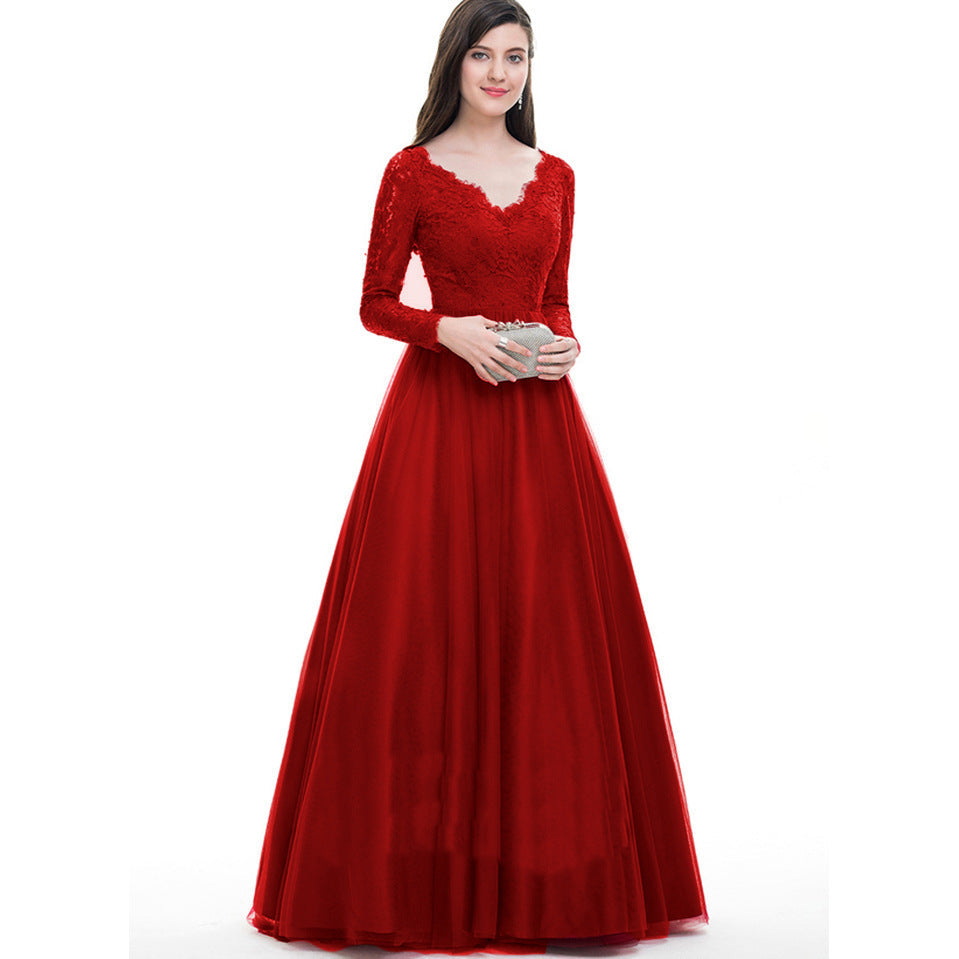Mesh Lace Long Sleeve Wedding Bridal Gown Dress Evening Maxi Dress