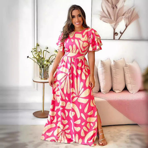 Casual Printed Dress Side Slit Stringy Selvedge Short Sleeve Maxi Dress