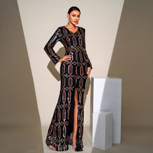 High End Long Sequined Long Sleeve V Neck Cocktail Evening Dress Bridesmaid Dress