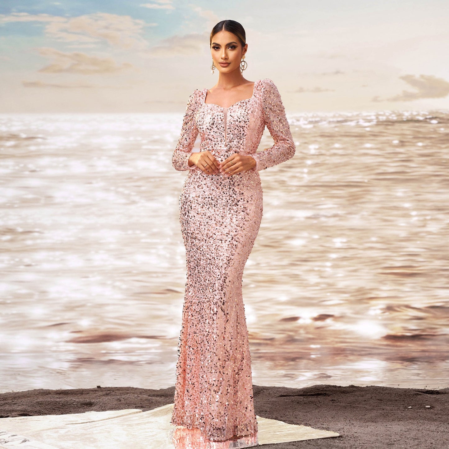 High End Long Sleeve Square Neck Cocktail Sequined Sheath Fishtail Evening Dress Bridesmaid Dress