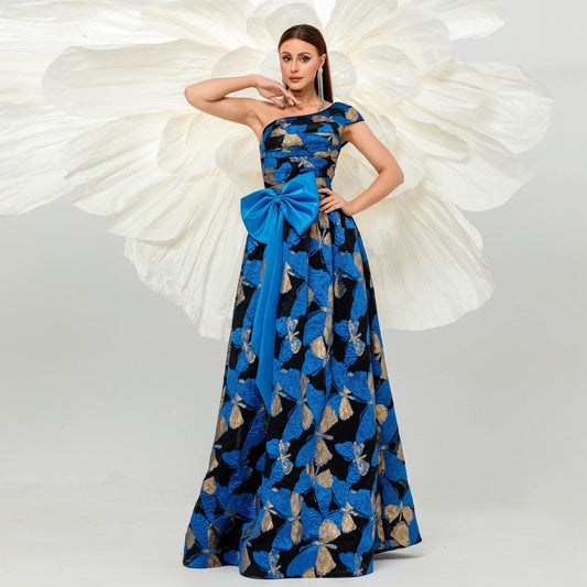 High End Sleeveless Elegant One Shoulder Diagonal Collar Cocktail Lace Up Evening Dress Bridesmaid Dress Large Swing