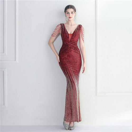 Craft Beaded Sequined Car Model Exhibition Host Dinner Long Evening Dress Fishtail Dress
