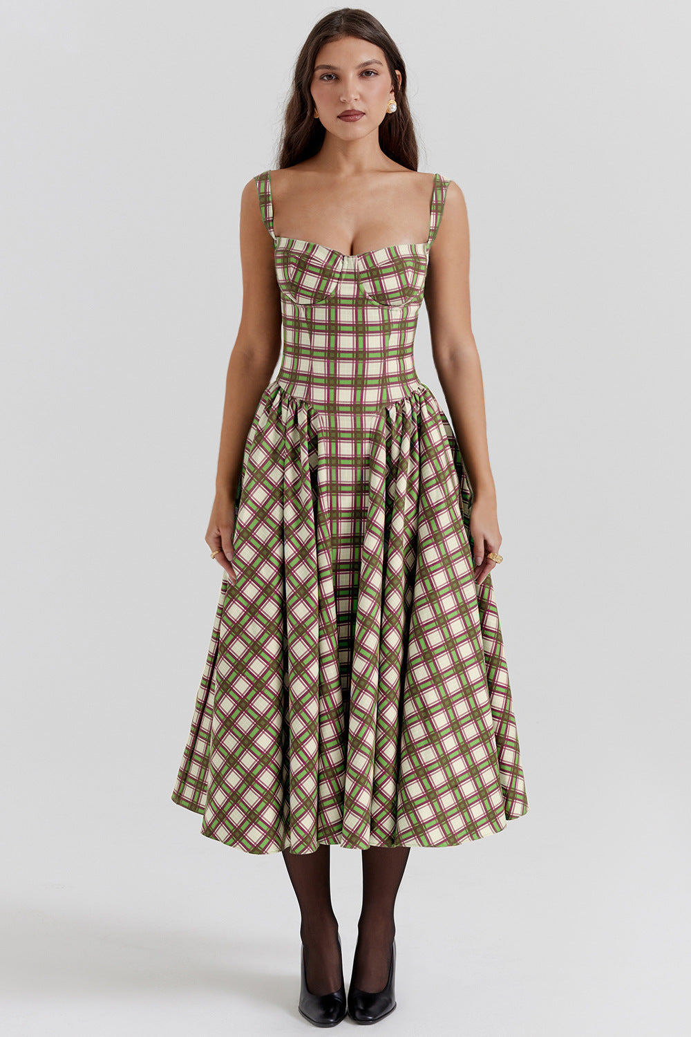 European Girl U Neck Plaid Sling Slim Waist Retro Big Swing