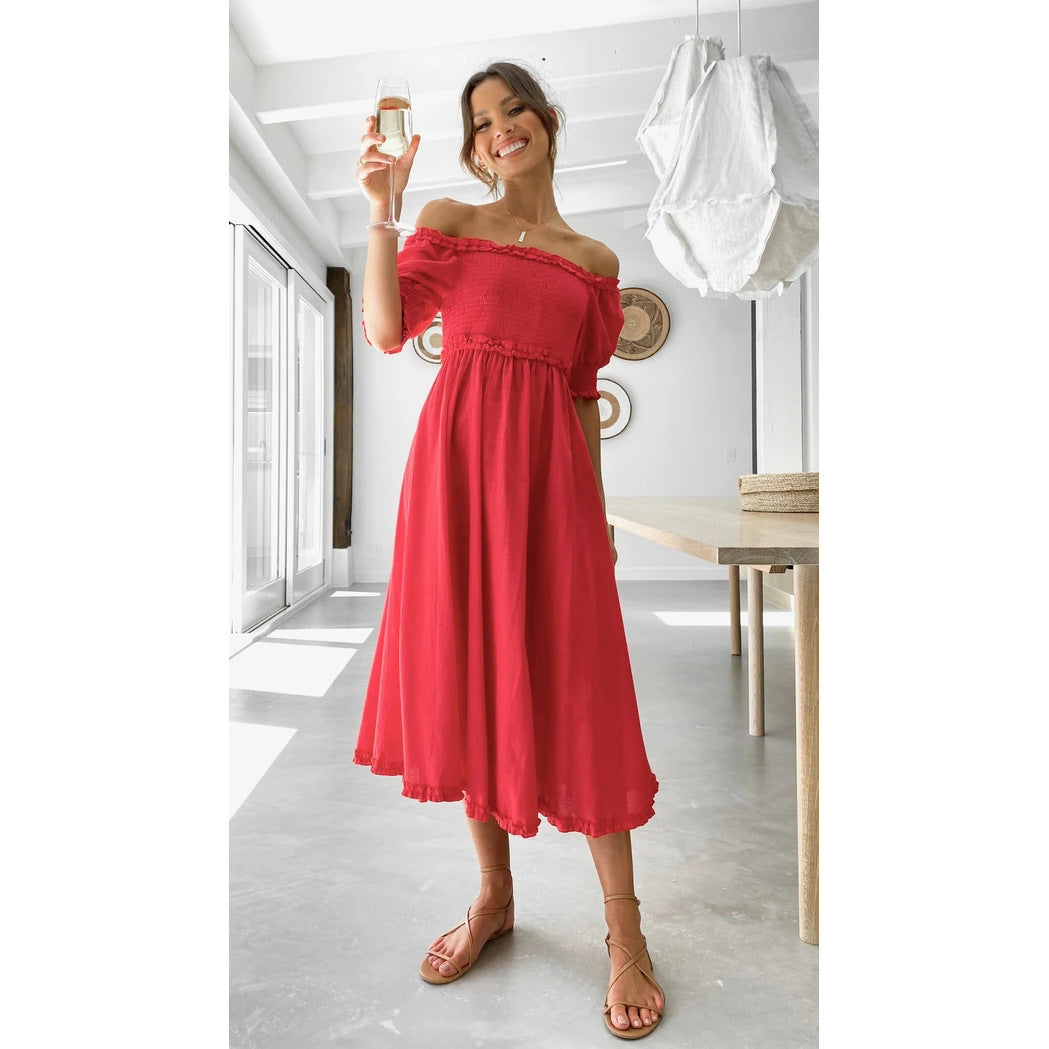 Lace Fresh Sweet Solid Color Mid-Length Dress