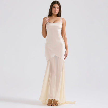 High Grade Satin Chiffon Splicing Sling Sheath Forged Surface Dress Slim Fit Elegant Mop Dress