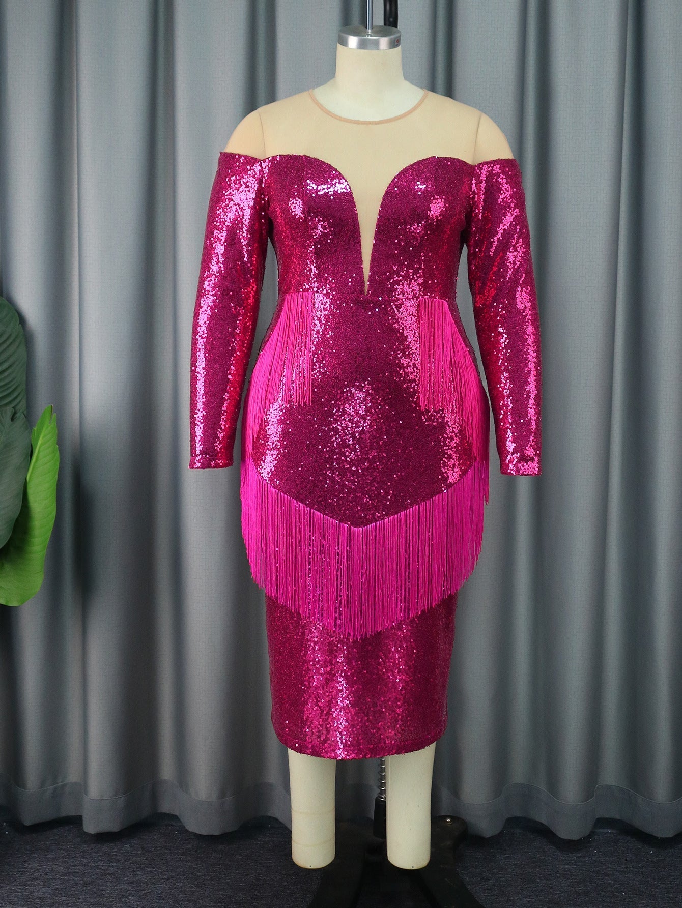 Faux V Neck Sequ Dress See Through Tassel Patchwork Party Dress