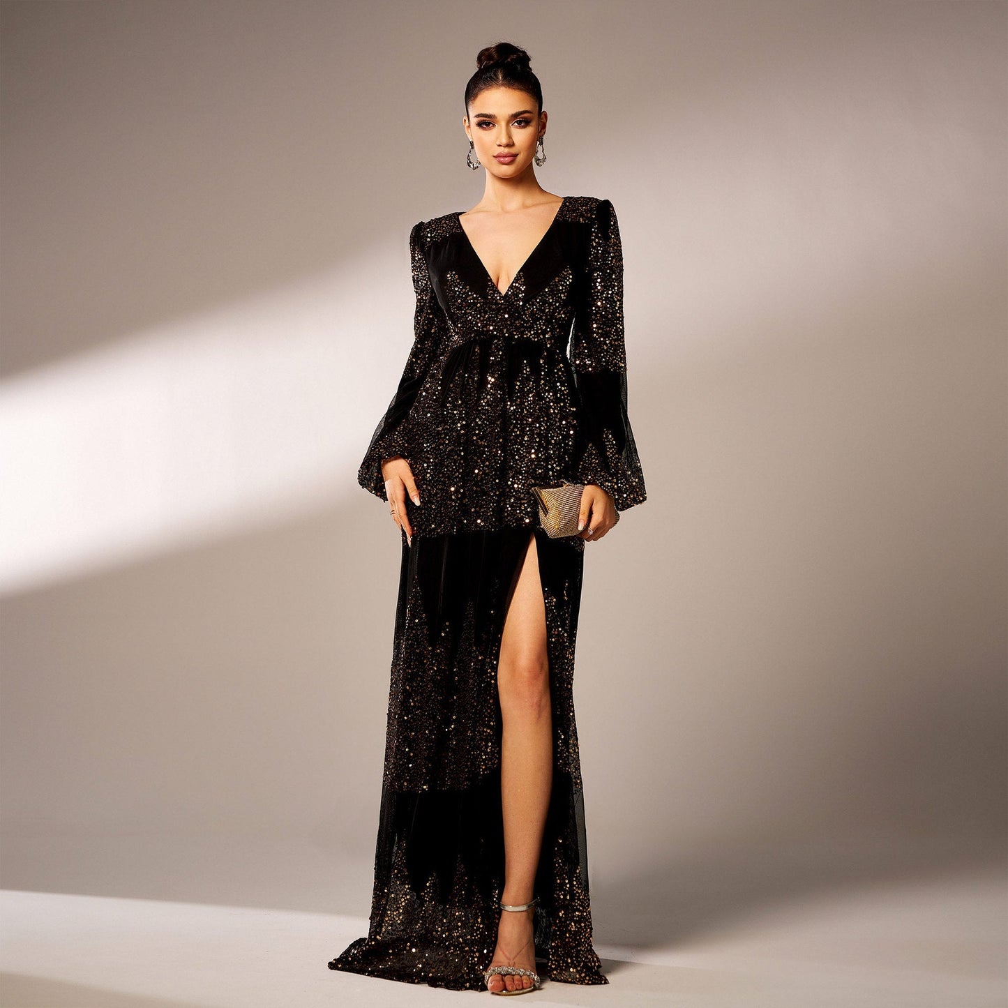 High End Long Sleeved Elegant V Neck Long Sequined Cocktail Evening Dress Bridesmaid Dress