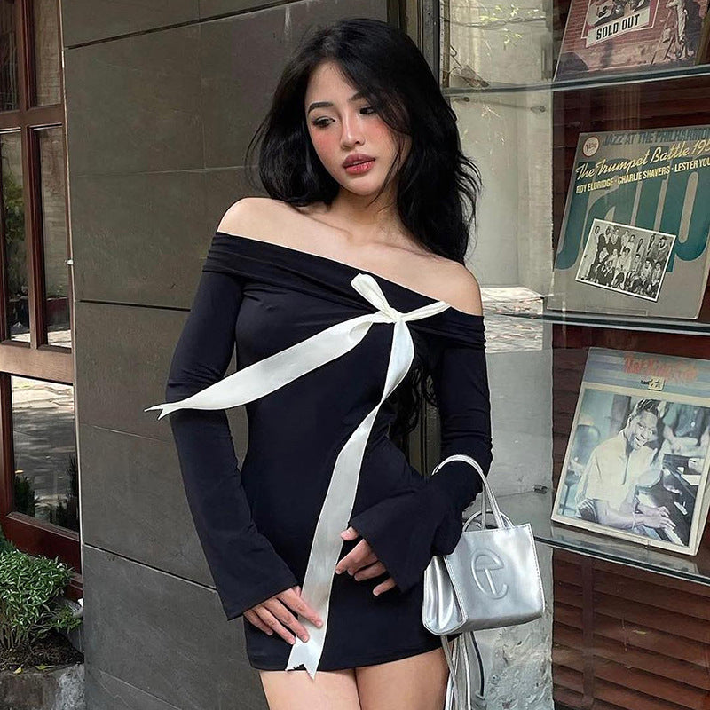 Long Sleeve off Shoulder Bow Sheath Dress