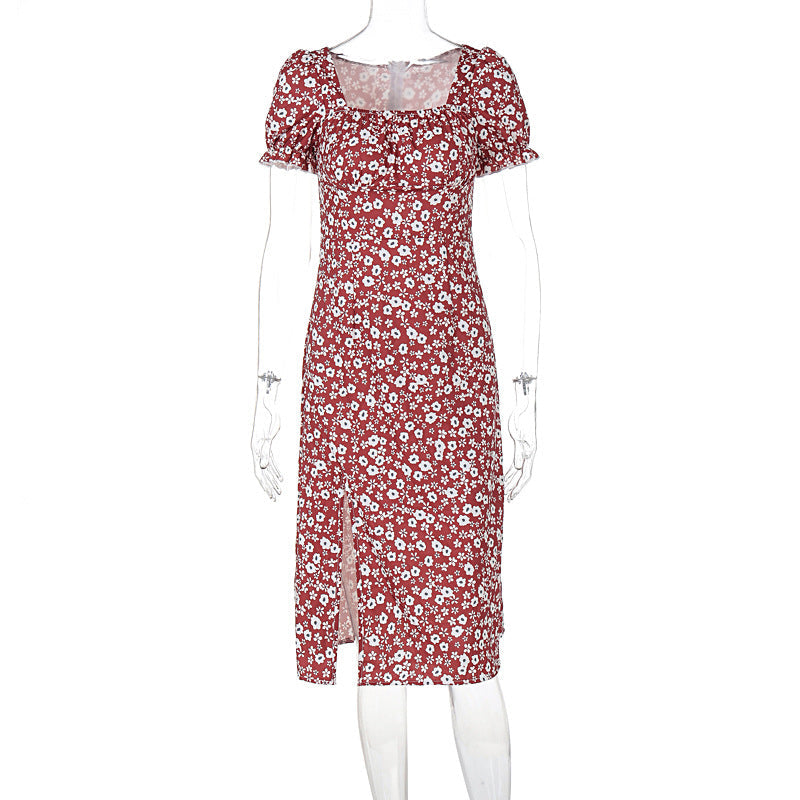 Floral Back Zipper Split Square Collar Mid Length Dress