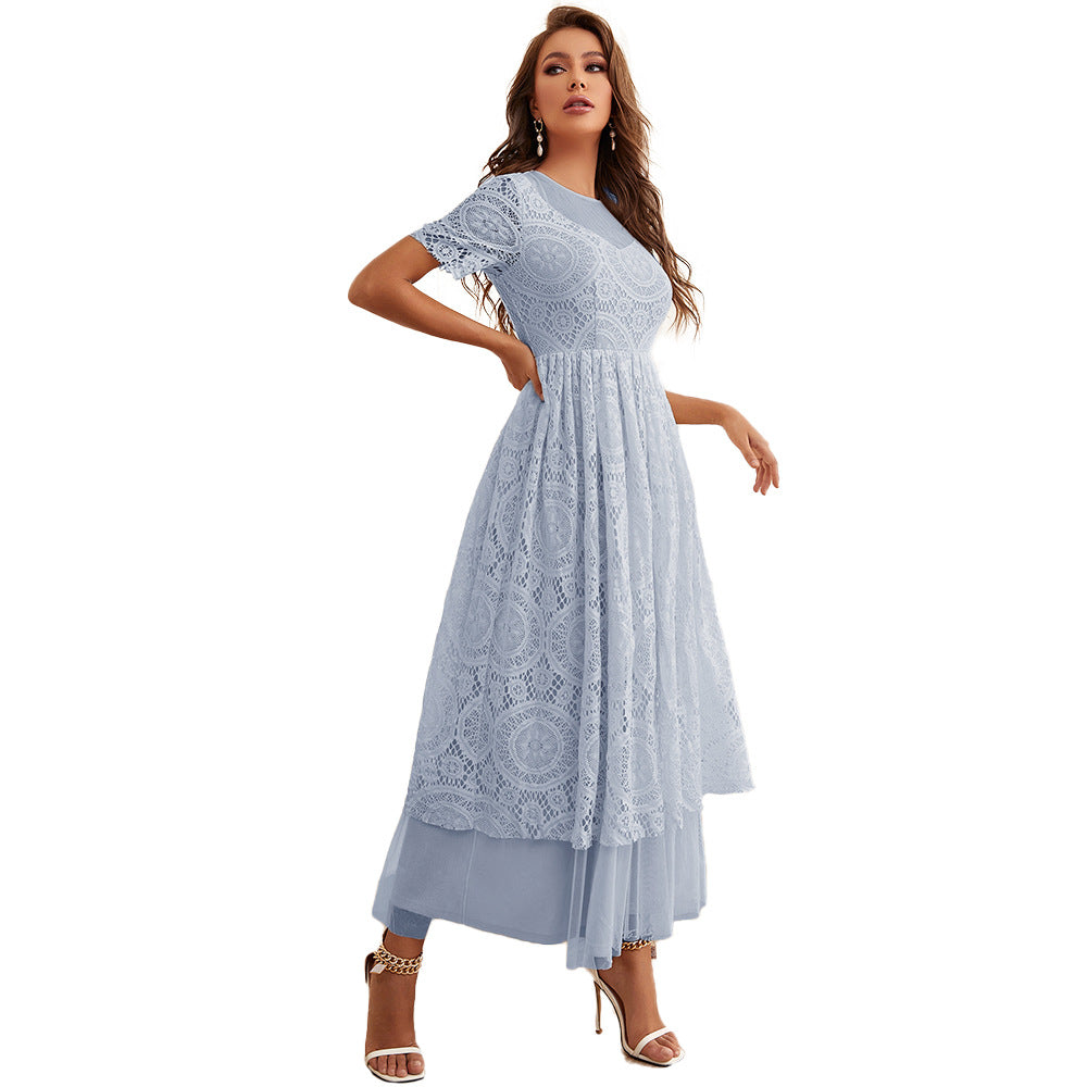 Lace Stitching Mesh Solid Color Dress