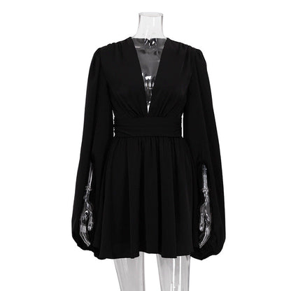 French Puff Sleeve High Waist Dress V Neck Abdomen Control Black Short Dress