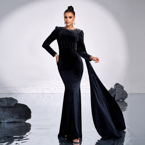 Crew Neck Long Sleeved Long Rhinestone Cocktail Hip Wrapped Evening Dress Bridesmaid