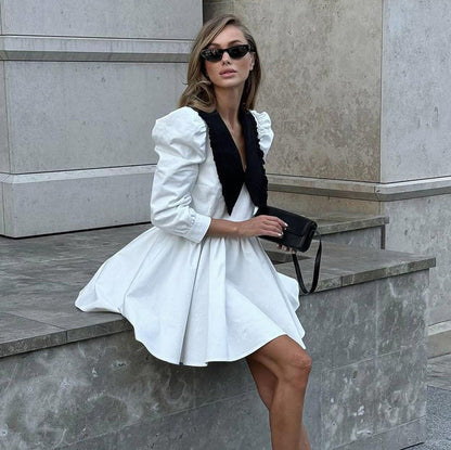 French Black White Contrast Color Doll Collar Short Elegant Pleated A line Dress