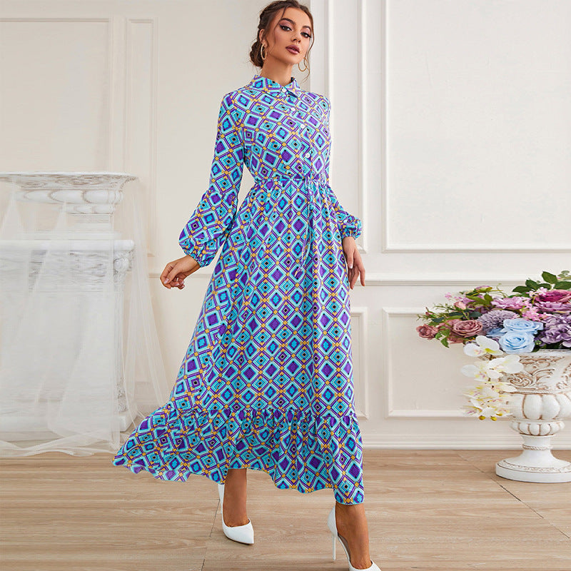 High Waist Blue Long Sleeve Dress Retro Waist Print A Line Dress