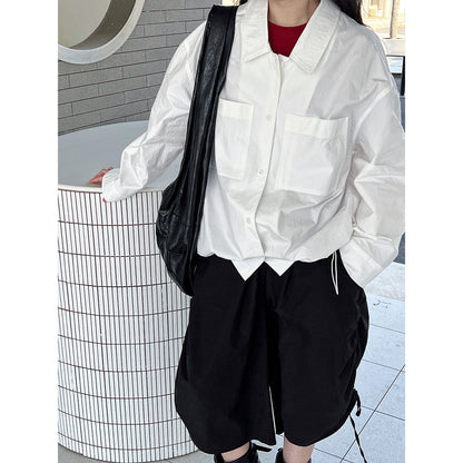 Elegant Double Pocket Polo Collar Casual Shirt All Matching Bandage Dress Shirt