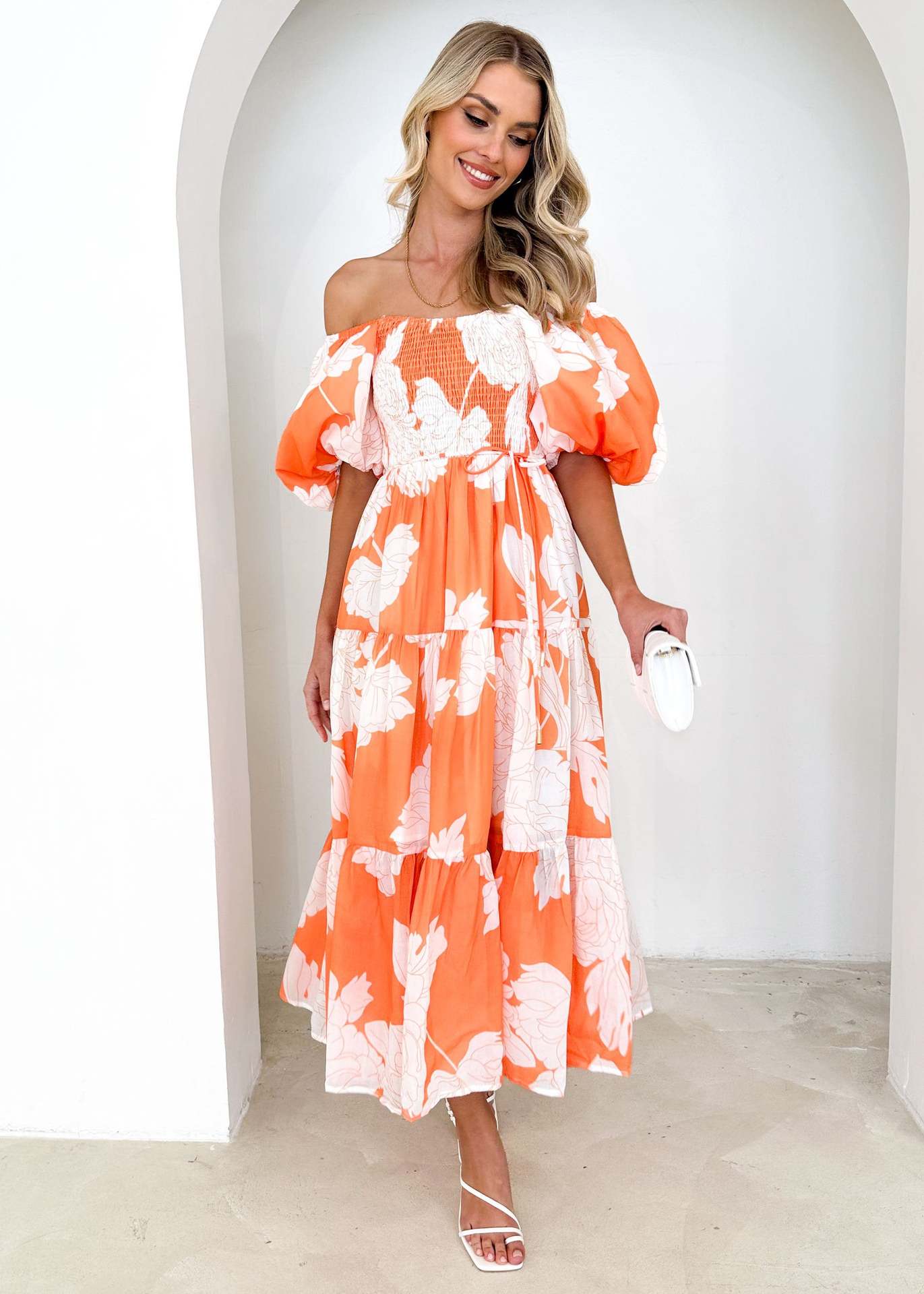 Elegant Floral Print off Shoulder Puff Sleeve