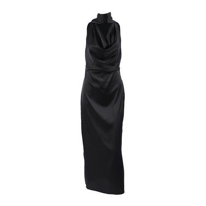 Design Black Thin Soft Matte Satin Swing Collar off Shoulder Elegant Dress Self Tie