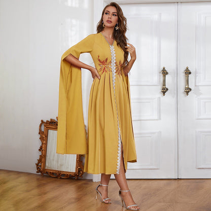 Dress  V neck Embroidery Irregular Asymmetric Maxi Dress