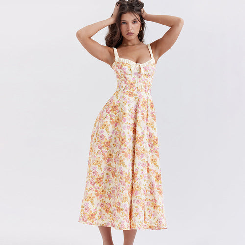 Floral Slip Dress Backless Slit Mid Length Vacation Dress for