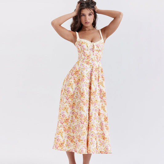 Floral Slip Dress Backless Slit Mid Length Vacation Dress for