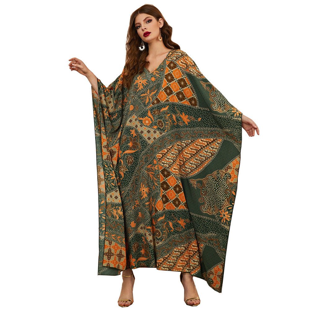 Irregular Asymmetric Dress Fall Long Printed V neck Batwing Sleeve
