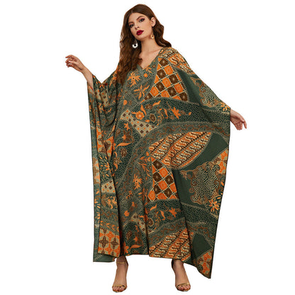 Irregular Asymmetric Dress Fall Long Printed V neck Batwing Sleeve