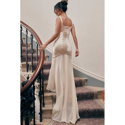 High Grade Satin Chiffon Splicing Sling Sheath Forged Surface Dress Slim Fit Elegant Mop Dress